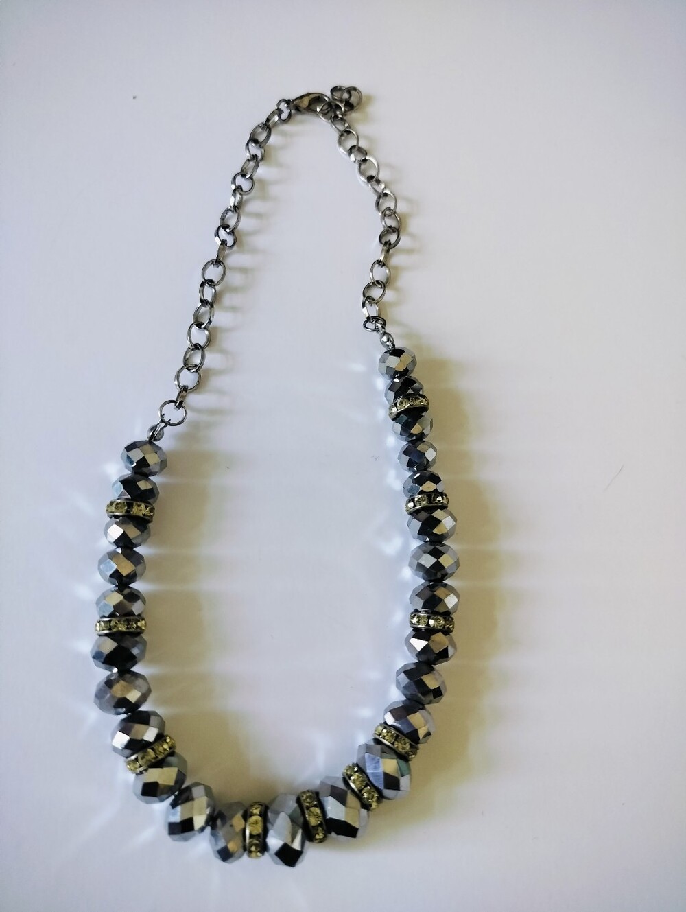 Gunmetal Faceted Metallic Bead & Rhinestone Statement Necklace Adjustable